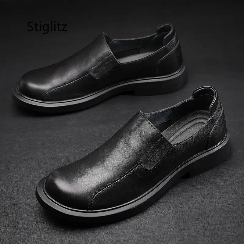 Black Genuine Leather Men\'s Shoes Loafers Lazy Soft Sole Casual Leather Shoes Slip On Round Toe Business Dress Male Shoes