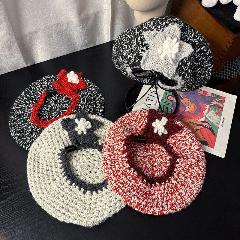 

Нишевая корейская версия, вязаные вручную цветочные вязаные береты, женские весенне-осенние милые разноцветные полые модные шапки художника