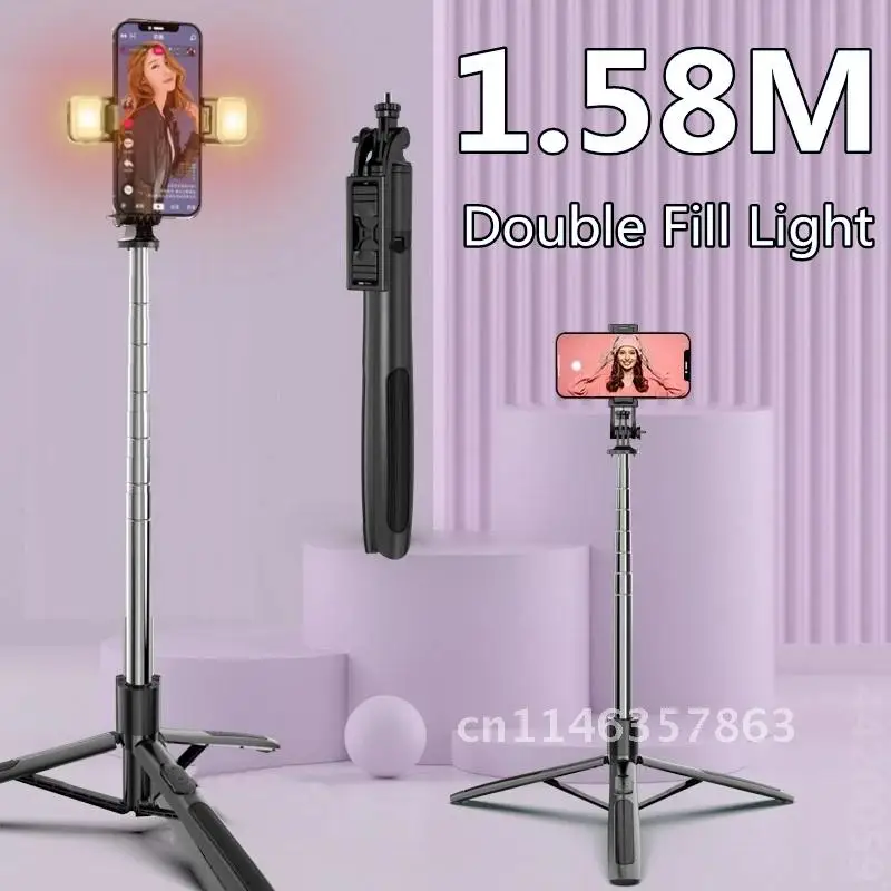 Palo de Selfie inalámbrico 4 en 1 con Bluetooth, 1580mm, luz de relleno doble, trípode plegable, monopié para cámaras de acción Gopro, teléfono inteligente