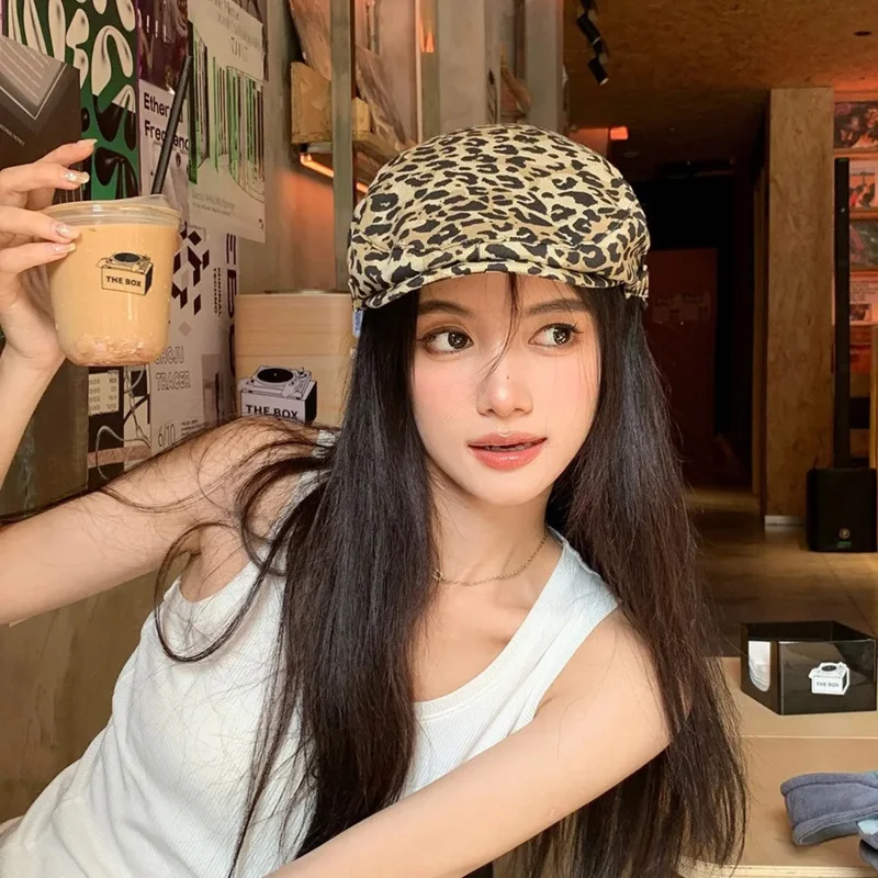 

Ladies Retro Leopard Print Beret Hundred with Cowboy Painter Hat Literary Leisure Forward Cap Street Trend Newsboy Cap