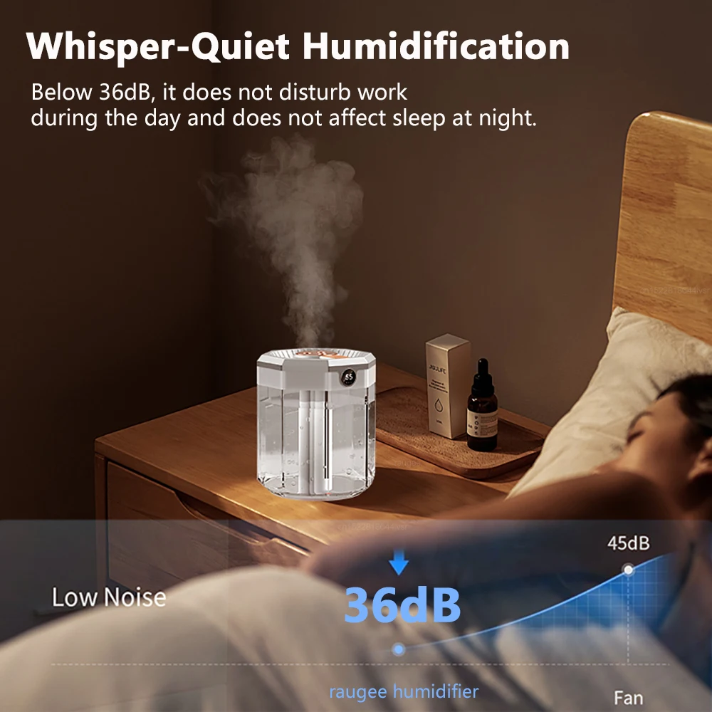 مرطب هواء بسعة كبيرة 2 لتر لغرفة النوم، موزع زيت أساسي USB، ثلاثة منافذ رذاذ للمنزل مع ضوء ليلي