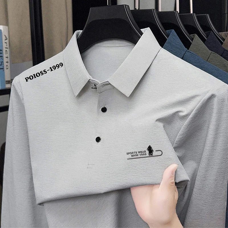 

2025 Новая мужская футболка с длинными рукавами, весенне-осенняя рубашка-поло с лацканами, повседневная ведущая верхняя рубашка