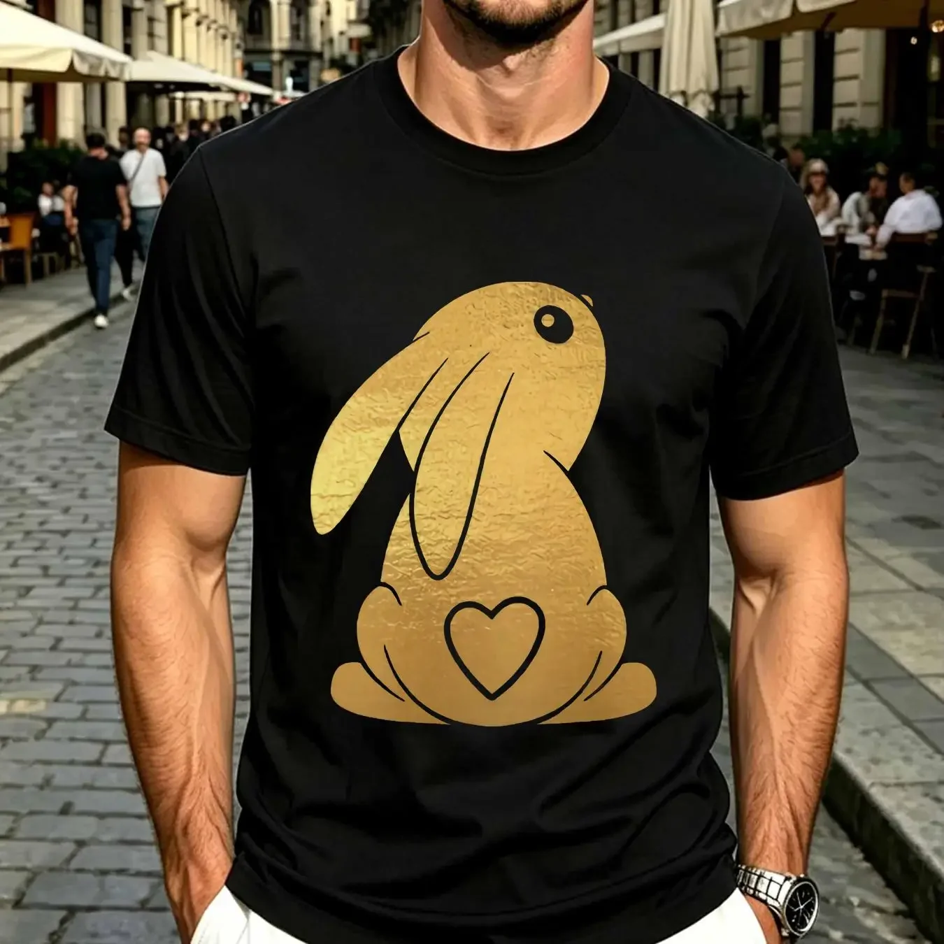 washed T Shirt Bunny With Heart Tail Gold Foil Rabbit Easter Love Men's vintage Washed fashion Breathable Versatile Comfortable