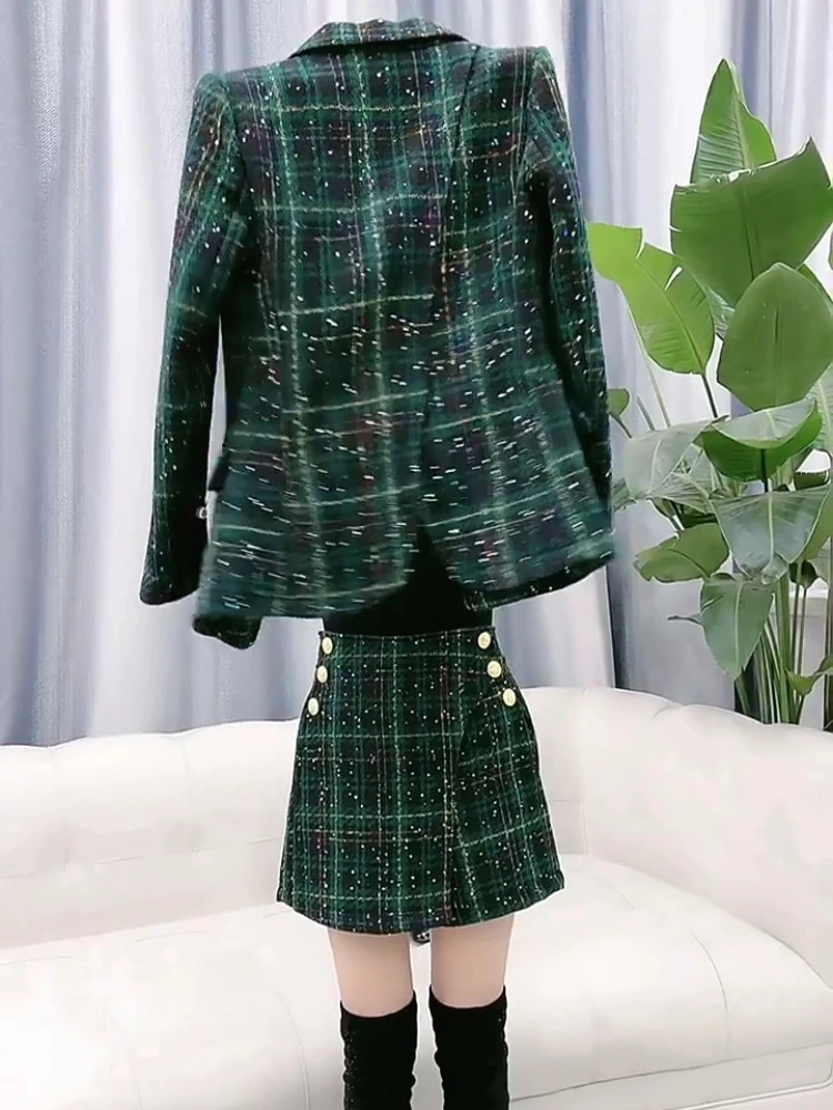 

High end popular fashion two-piece set for women's autumn new collection stylish plaid woolen coat slim short skirt
