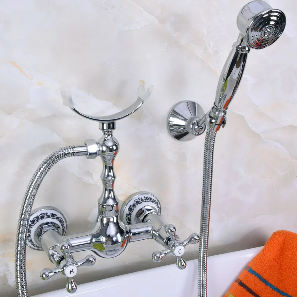 

Contemporary Chrome Brass Wall Mounted Bathroom Shower Faucet Set with 150CM Hose Handheld Spray Head Mixer Tap Dna255