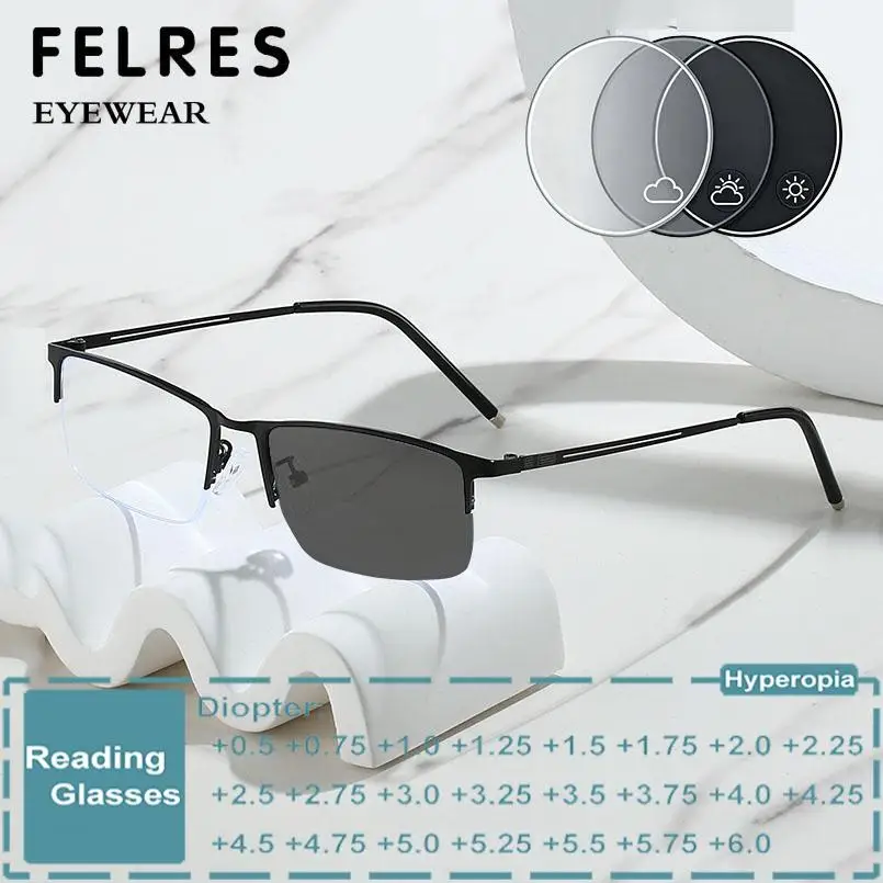 

Metal Half Frames Square Photochromic Finished Reading Glasses Men Women Outdoor Color Changing Single Focus Presbyopic Eyewear