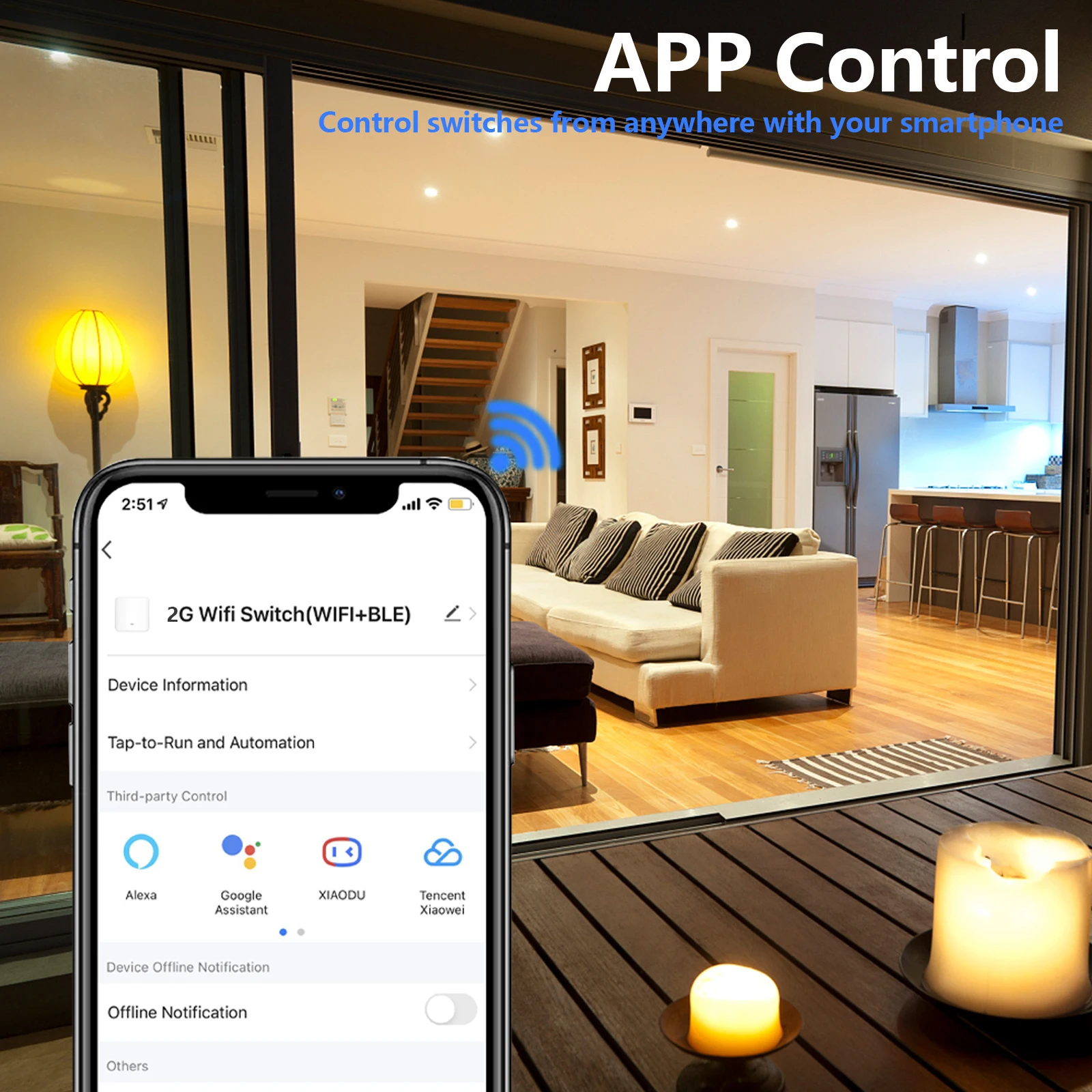 Normal Socket With WiFi Light Switch, Work With Alexa Tuya, Glass Touch Screen,2x1Way, 16A Double Socket, Neutral Line Required