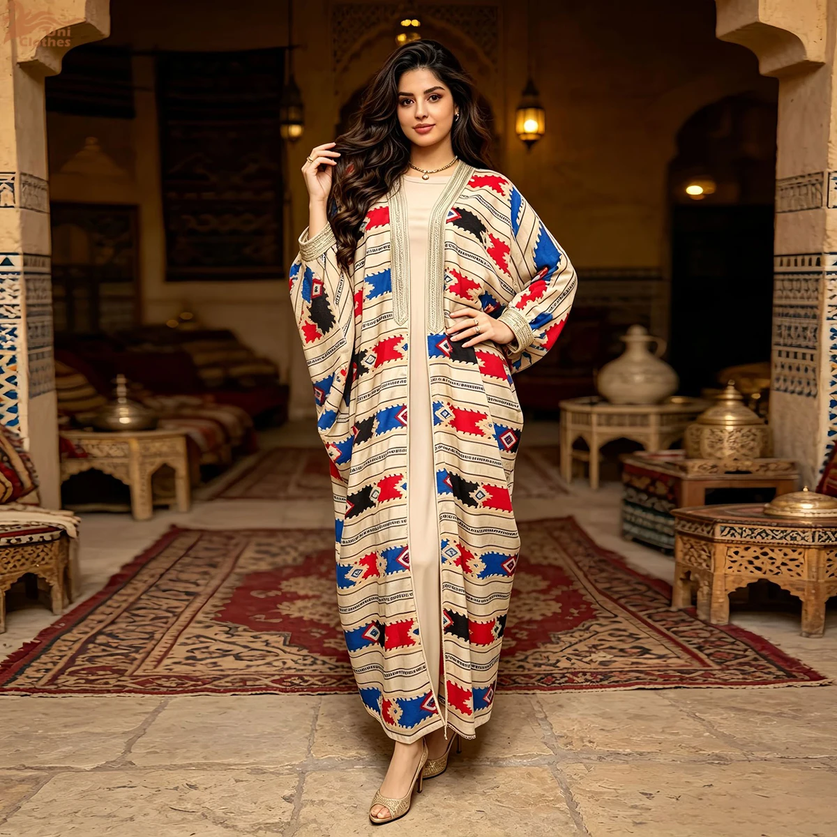 

Zahraa Two Pieces Muslim Abaya Dress Set Colorful Geometric Stripes Print Moroccan Kaftan Dubai Turkey Arab Oman Qatar Robe
