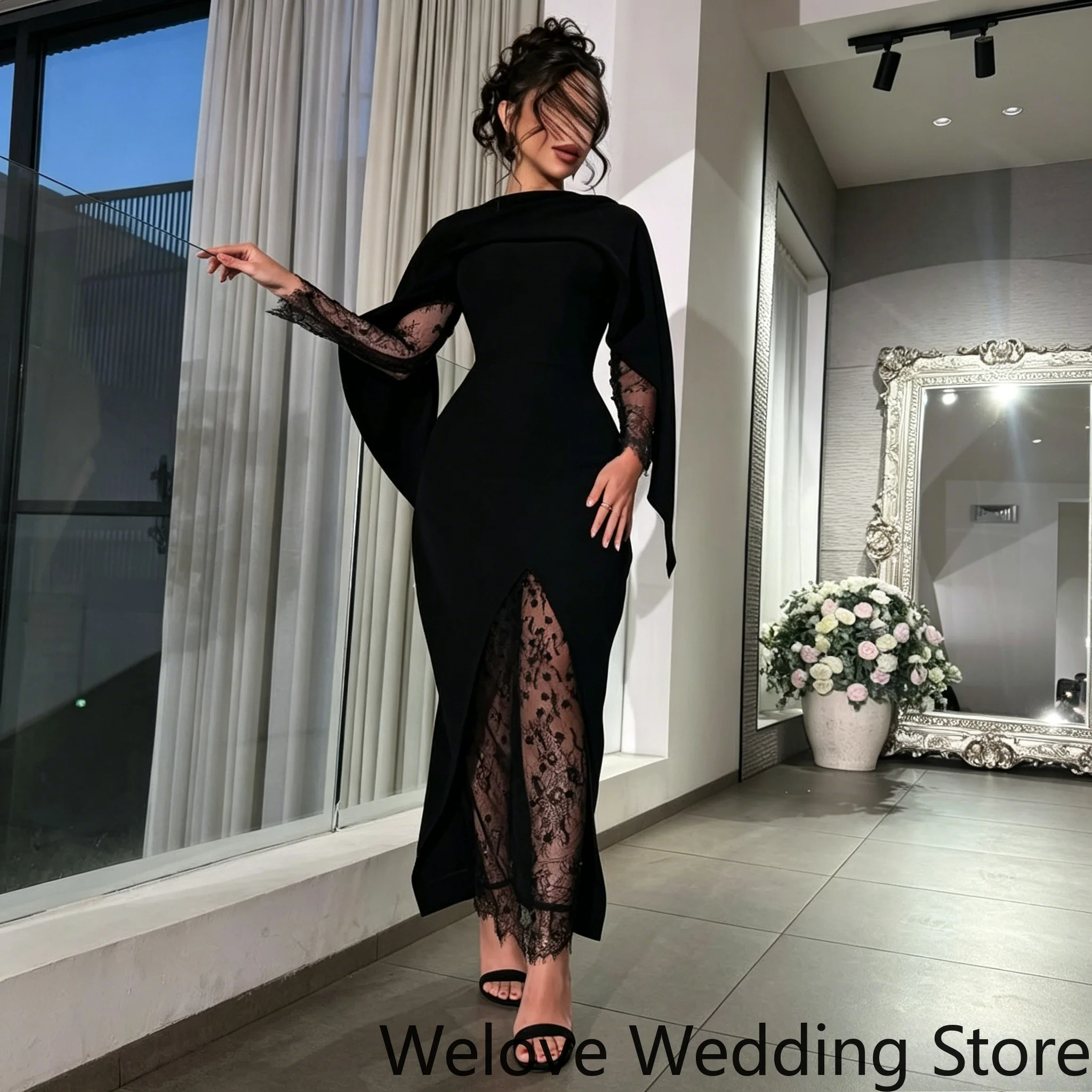 

Formal Midi Dress Featuring Cape‑Style Sleeves Sheer Polka‑Dot Lace Panel High Front Slit And Slim‑Fit Bodycon Silhouette