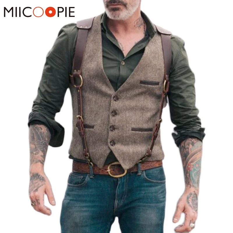 Retro Patchwork Imitation Leather Vest Mens Jackets Single Breasted Casual For Men Suits Business Slim Fit Costume Gilet Homme