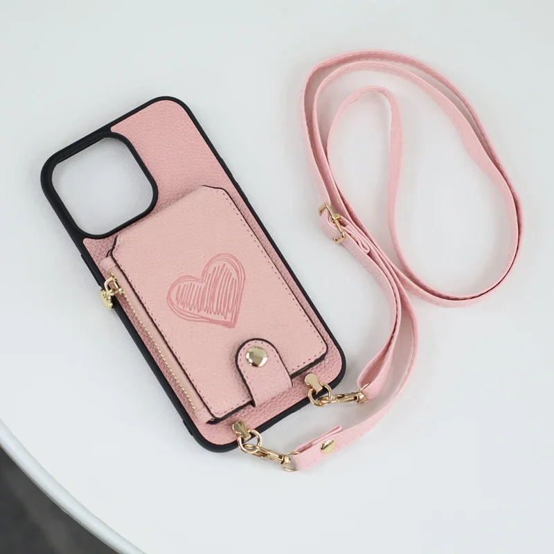 Pink Zipper Card Case Crossbody Leather Lens Full Case for Apple IPhone 15/14/13/12/11 Plus/Pro/Pro Max Series,Easy to Carry