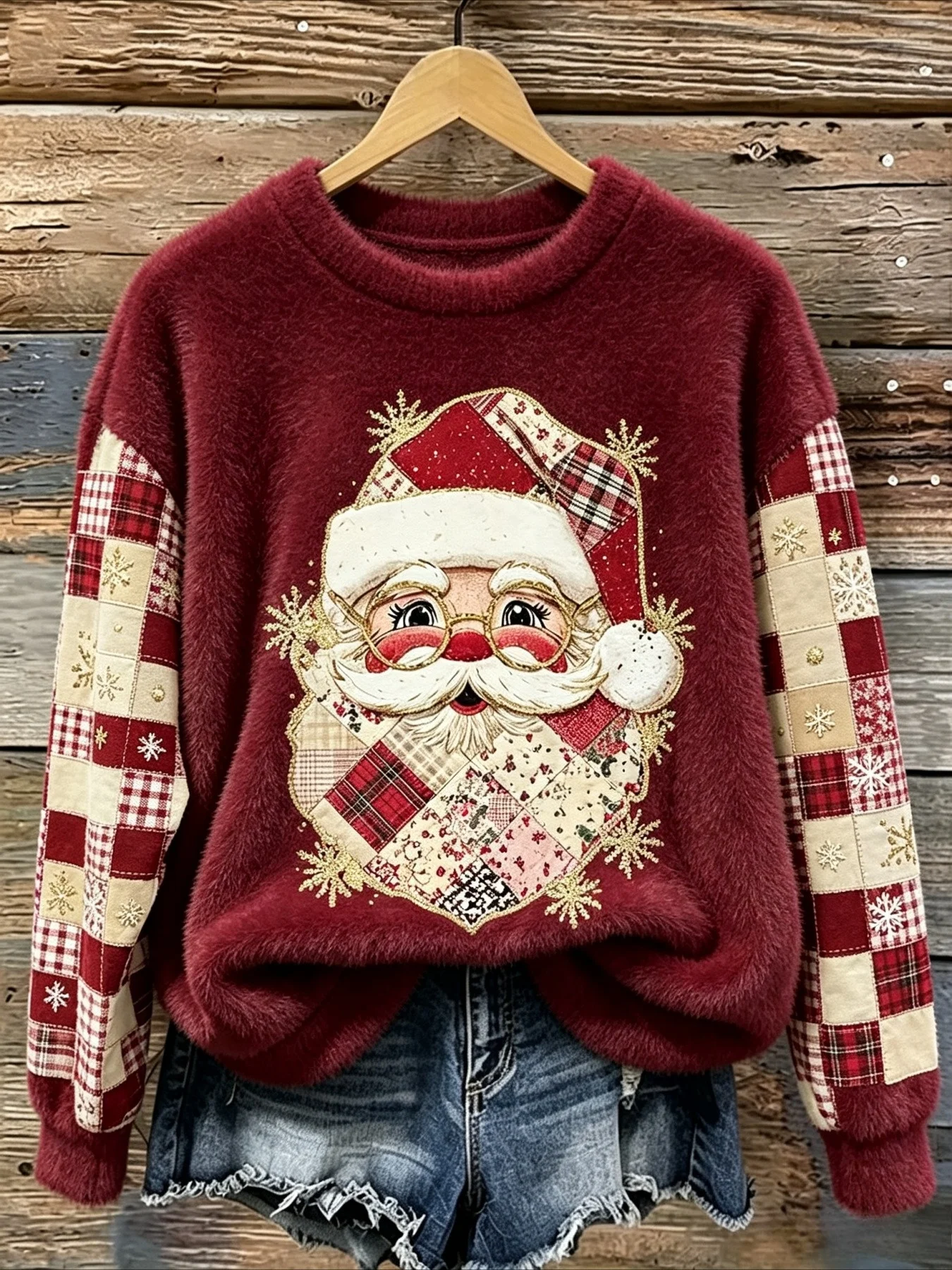 Women Sweatshirt Autumn Winter Fashion Casual Round Neck Long Sleeve Fleece Santa Plaid Print Loose Warm Holiday Women's Tops