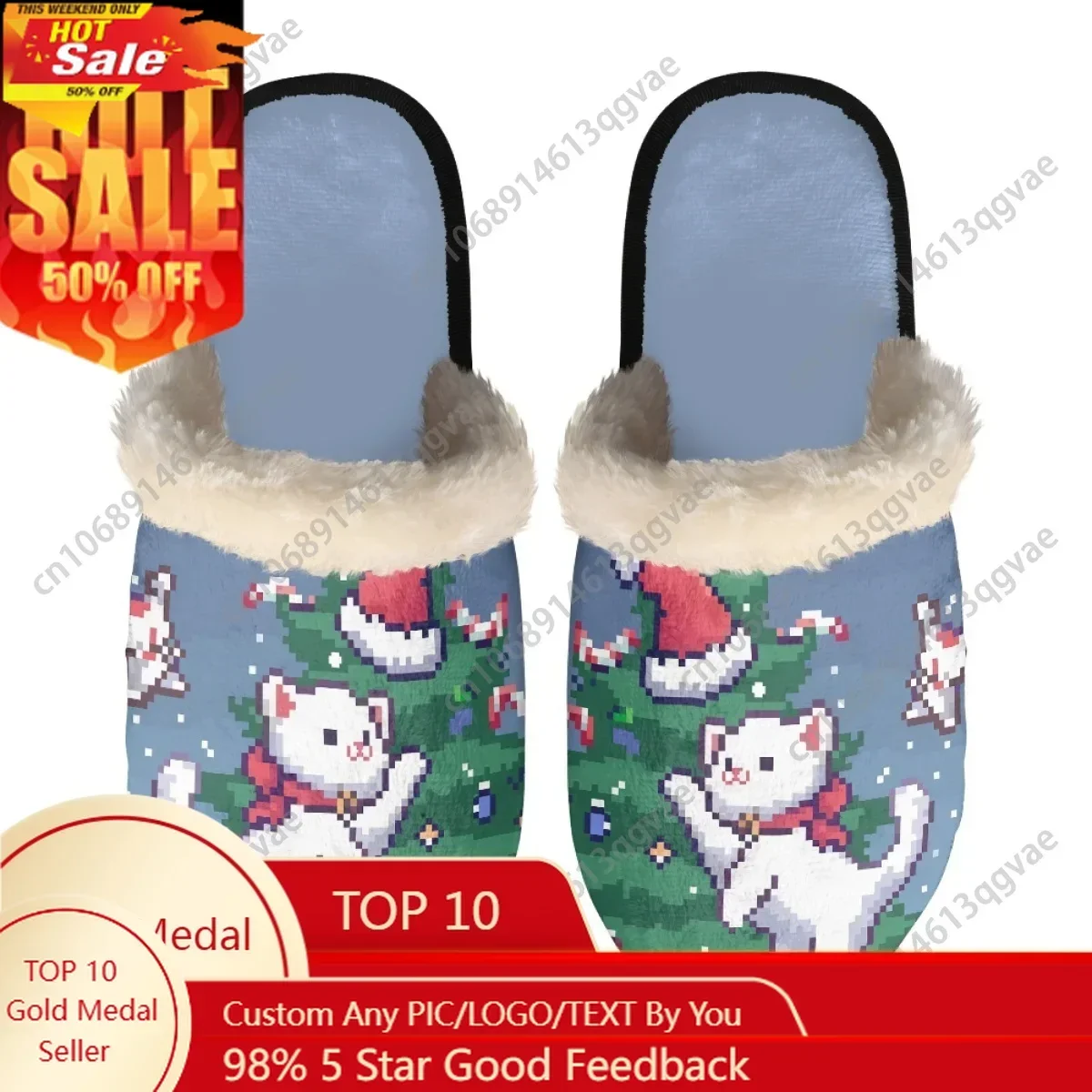 Christmas Pixel White Cat Slippers Mens Womens Home Cotton Plush Bedroom Casual Keep Warm Customized Thermal Lightweight Slipper