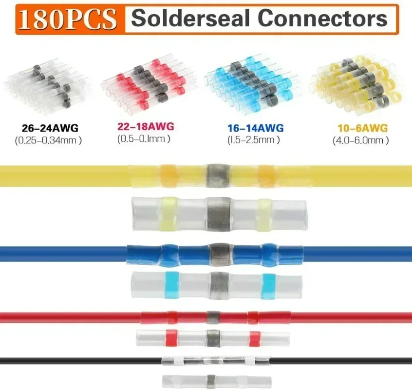 180PCS Heat Shrink Wire Connectors Solder Extrusion Terminals for Electrical Car Wiring Durable Cable Termination Kit
