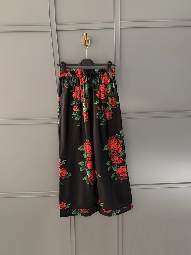Spring Summer Fashion Indoor Daily Vintage Rose Print Silk Trousers Women's Drawstring Elastic Waist Straight Barrel Pants