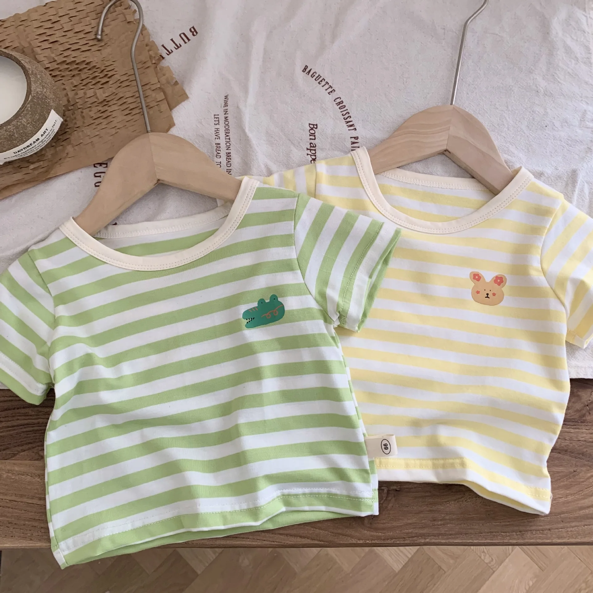 Summer Newborn Baby Clothes Kids Infant Boys Girls Short Sleeve Striped Top T-shirts Strap Patch Cute Animals Overalls Romper