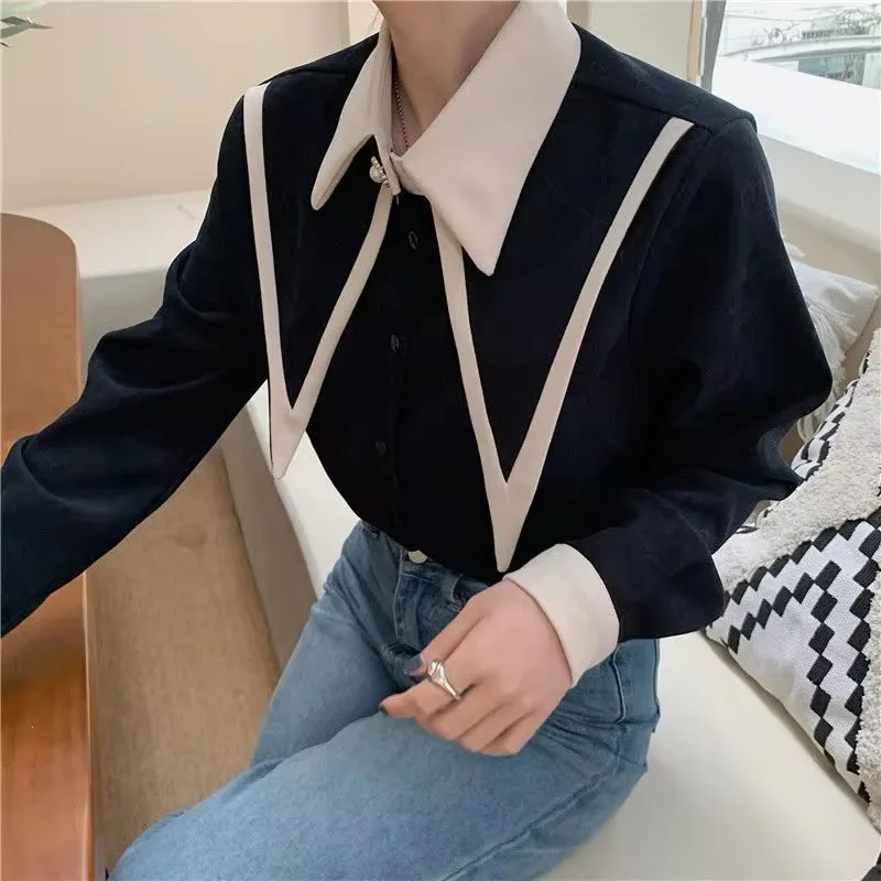 MEXZT Vintage Patchwork Shirts Women Elegant Black Long Sleeve Blouses Office Ladies Red Chiffon Peter Pan Collar Loose Tops New