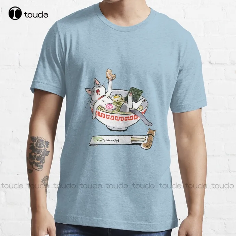 Camiseta de algodón con estampado de gatos y Ramen, camisa divertida con estampado de animales de dibujos animados, Anime, Humor, S-3Xl, nueva