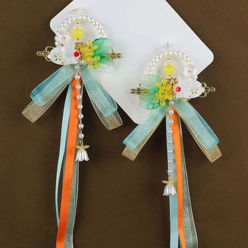 1 Pair Long Ribbon Hanfu Hair Clip Flowing Tassel Handmade Flower Rabbit Tassel Hairpin Vibrant Colors Lightweight Comfort