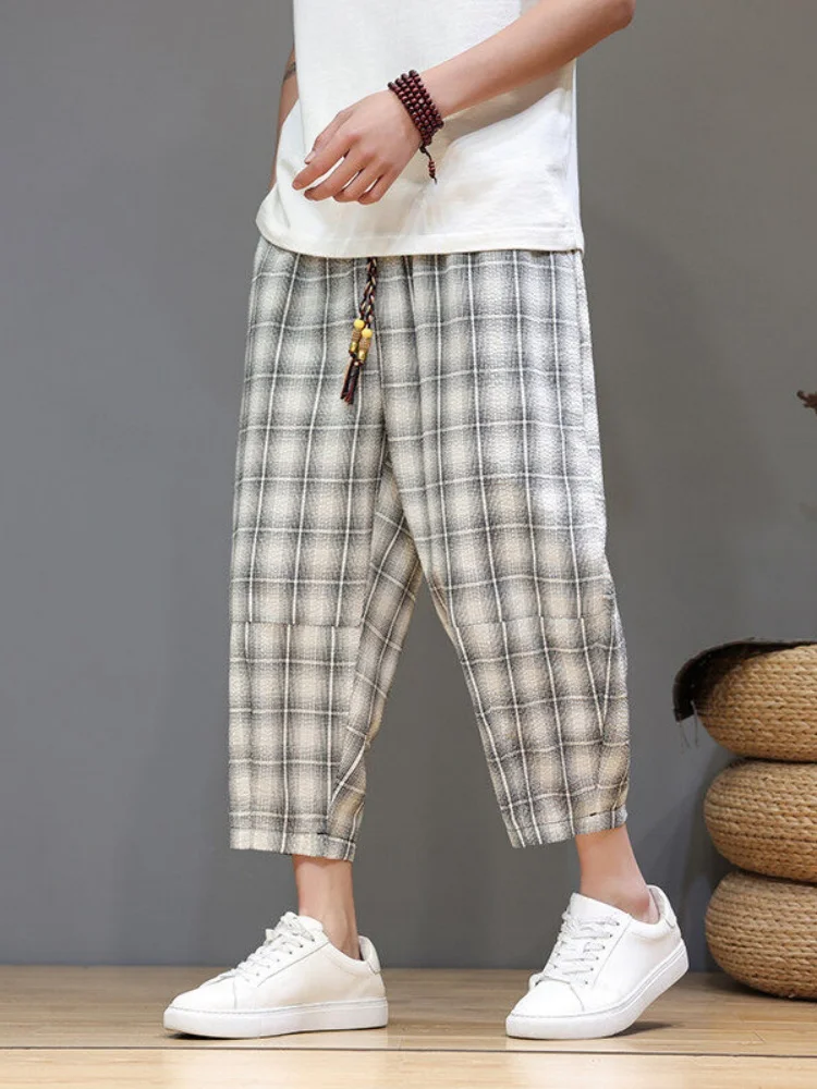 

Новые китайские свободные мужские летние тонкие брюки-харрингтоны в ретро-клетку, дышащие, удобные, повседневные брюки-фонарики