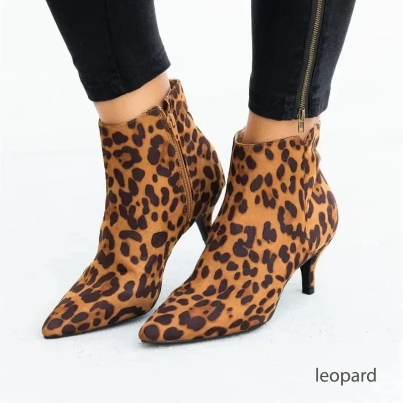 Women Boots Spring 2024 Pointed Toe Stiletto Ankle Boots Fashion Leopard Print Side Zipper 43 Large Size Mid Heel Ankle Boots