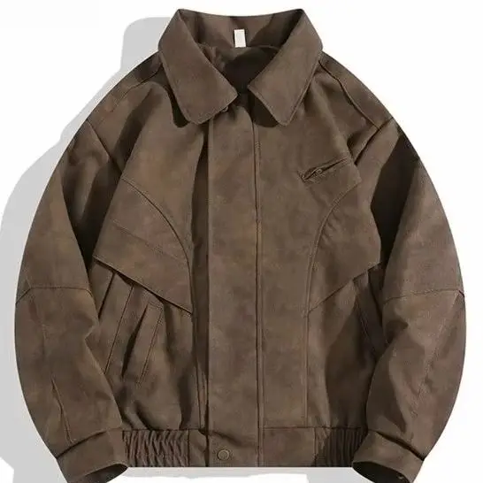 

Large size American retro brown old leather jacket men's trendy handsome design couple lapel jacket