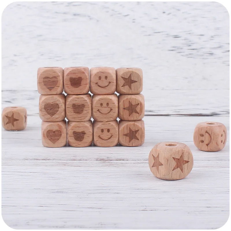 ABCPICK 50pcs 12mm Beech Wooden Beads Natural Square carving Pattern Loose Beads for Crafts DIY Jewelry Making Wholesale