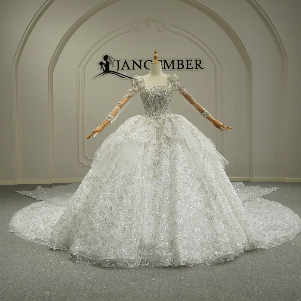 Gorgeous Long Wedding Dress Square Collar Illusion Full Sleeves Bridal Gown Customized Charming Ball Gowns Dresses For Bride