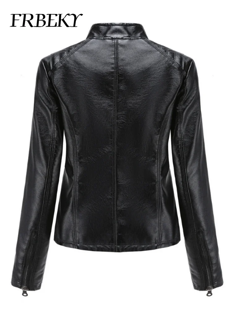 Casaco feminino outono nova jaqueta de couro casual gola manga longa jaqueta fina cor sólida casaco streetwear jaqueta com zíper