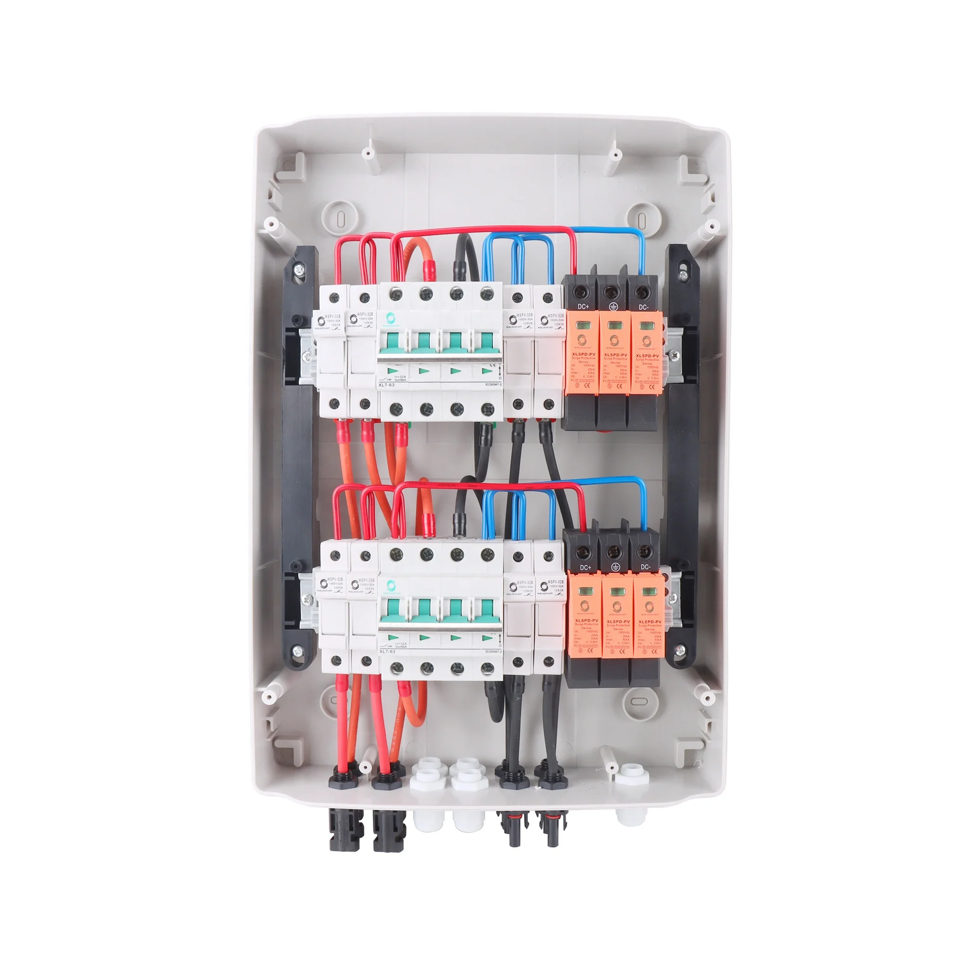 CE WSDB-PV4/2 IP65 4 in 2 OUT 4 Strings 15A 16A 1000V DC Solar PV Array Plastic Combiner Box With Dc Fuse,spd and Mcb