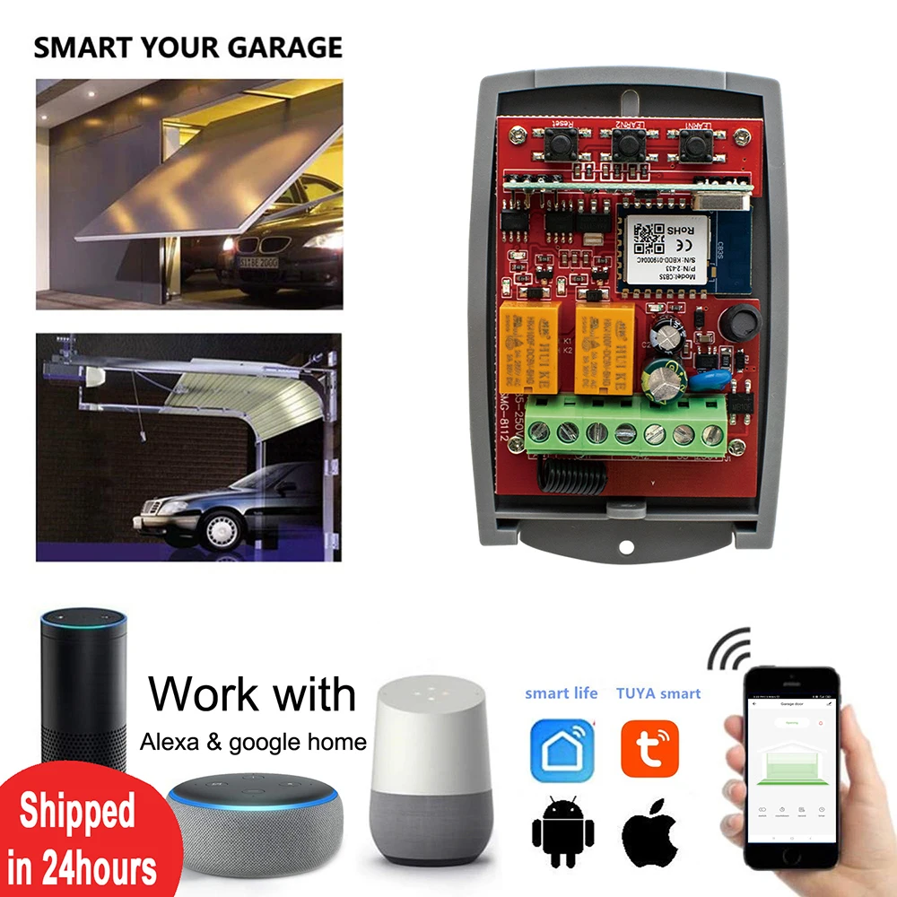 WiFi 2CH Receiver Switch Smart Garage Door Opener Controller Work With Alexa Echo Google Home RF433 SmartLife/Tuya APP Control