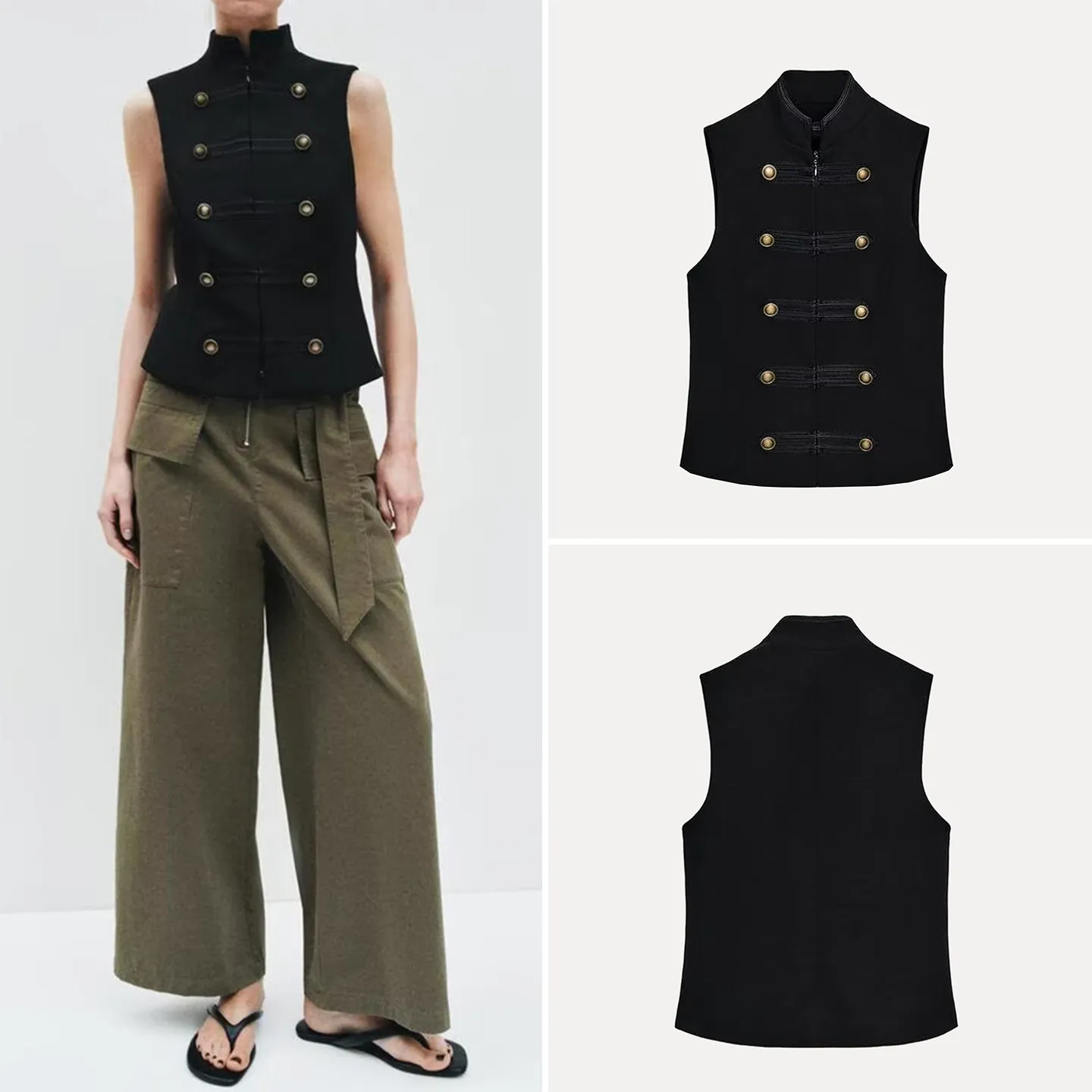 

Модный универсальный женский жилет Весна 2026 с декоративным узлом, воротником-стойкой, застежкой-молнией, из 100% другого материала