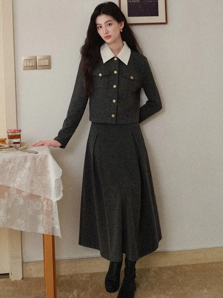 ALXNAN gris vêtements d'extérieur court col rabattu poches épaule régulière Premium veste de luxe métal boutonné manteaux de bureau L578127