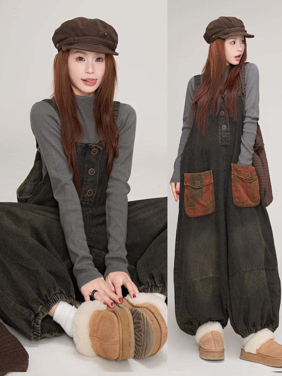 

Retro Distred Workwear Overalls Women's Spring Lantern Pants Loose Wide Leg Strap Jumpsuits High Waist Cotton Pants