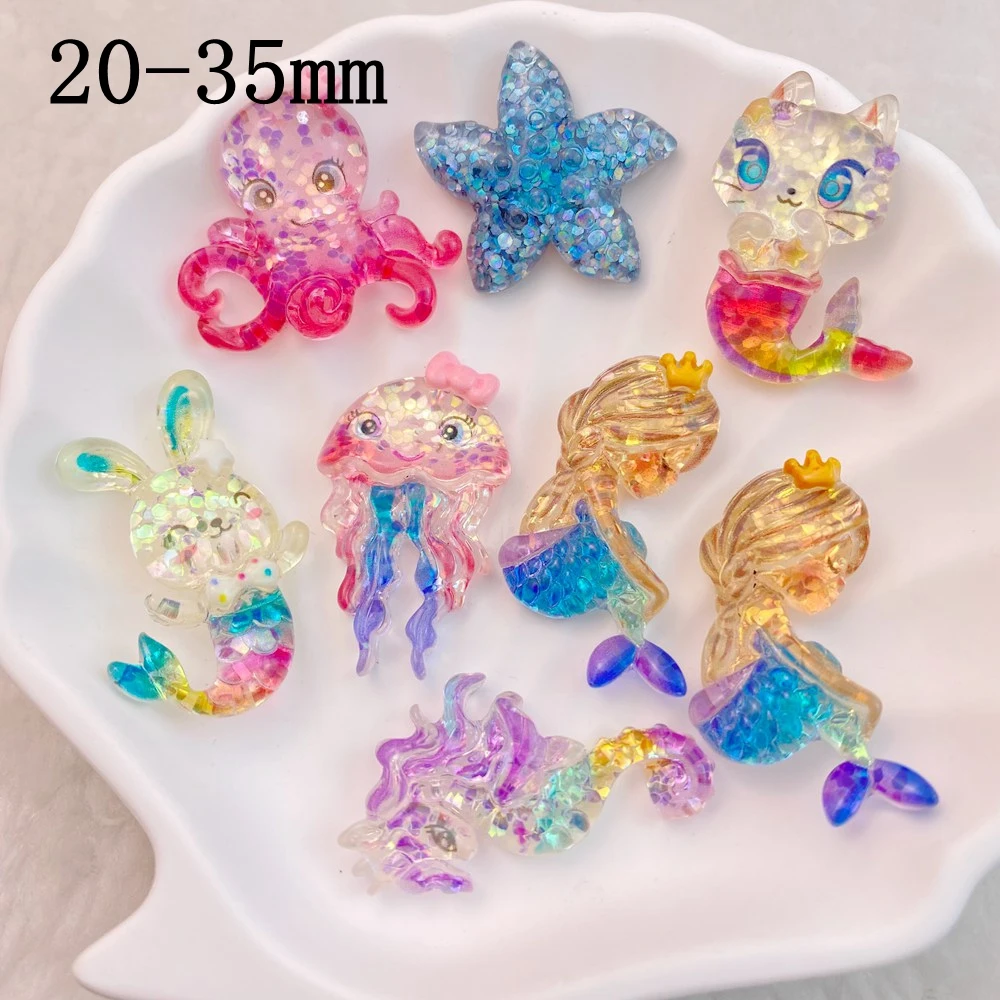 10 Pcs New Cute Bright Cartoon Ocean Mermaids, Seahorses, Starfish Resin Clip Book DIY Jewelry Hairpin Headrope Decoration Craft