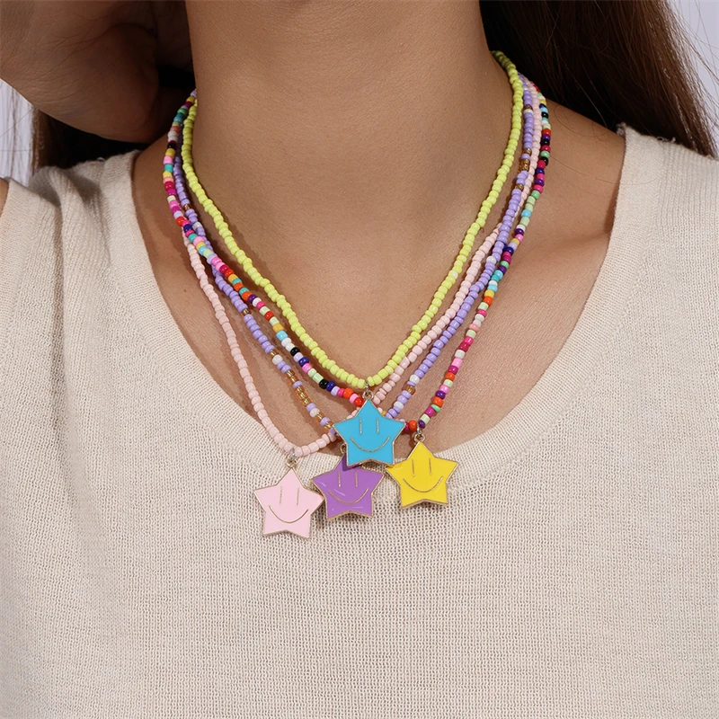 7Pcs/Set Trendy Colorful Smile Face Star Necklace for Women Bohemia Handmade Beads Necklaces Girls Party Festival Jewelry Gifts