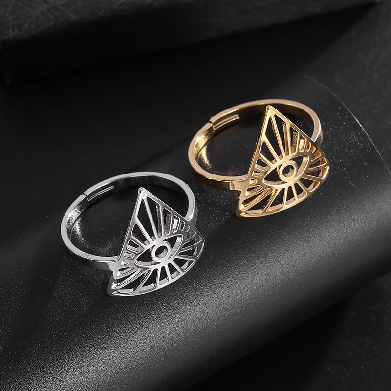 Simple and Stylish Stainless Steel Cut Hollow Personalized Design Eye Ring Pattern Adjustable Ring for Men and Women