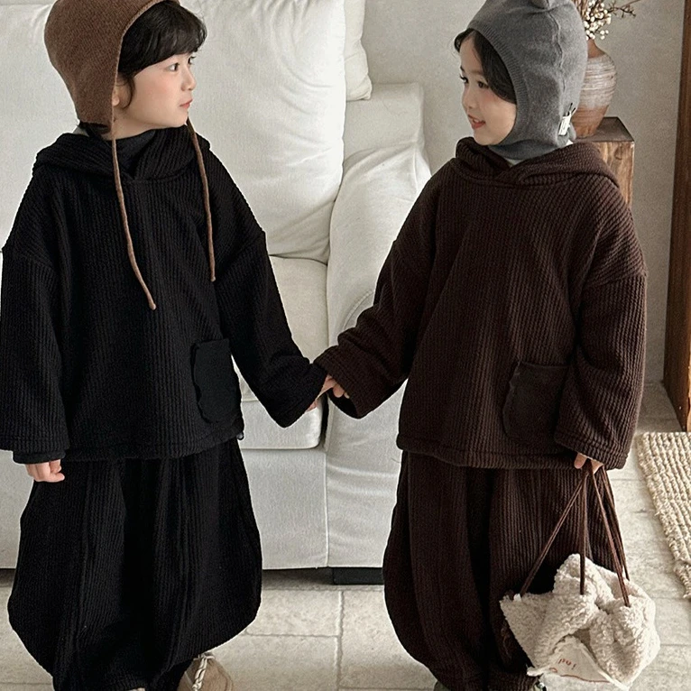 

Suit 2025 Autumn Winter New Childrens Clothing Korean Style Boys and Girls Velvet Hoodie Plus Velvet Trousers Two Sets