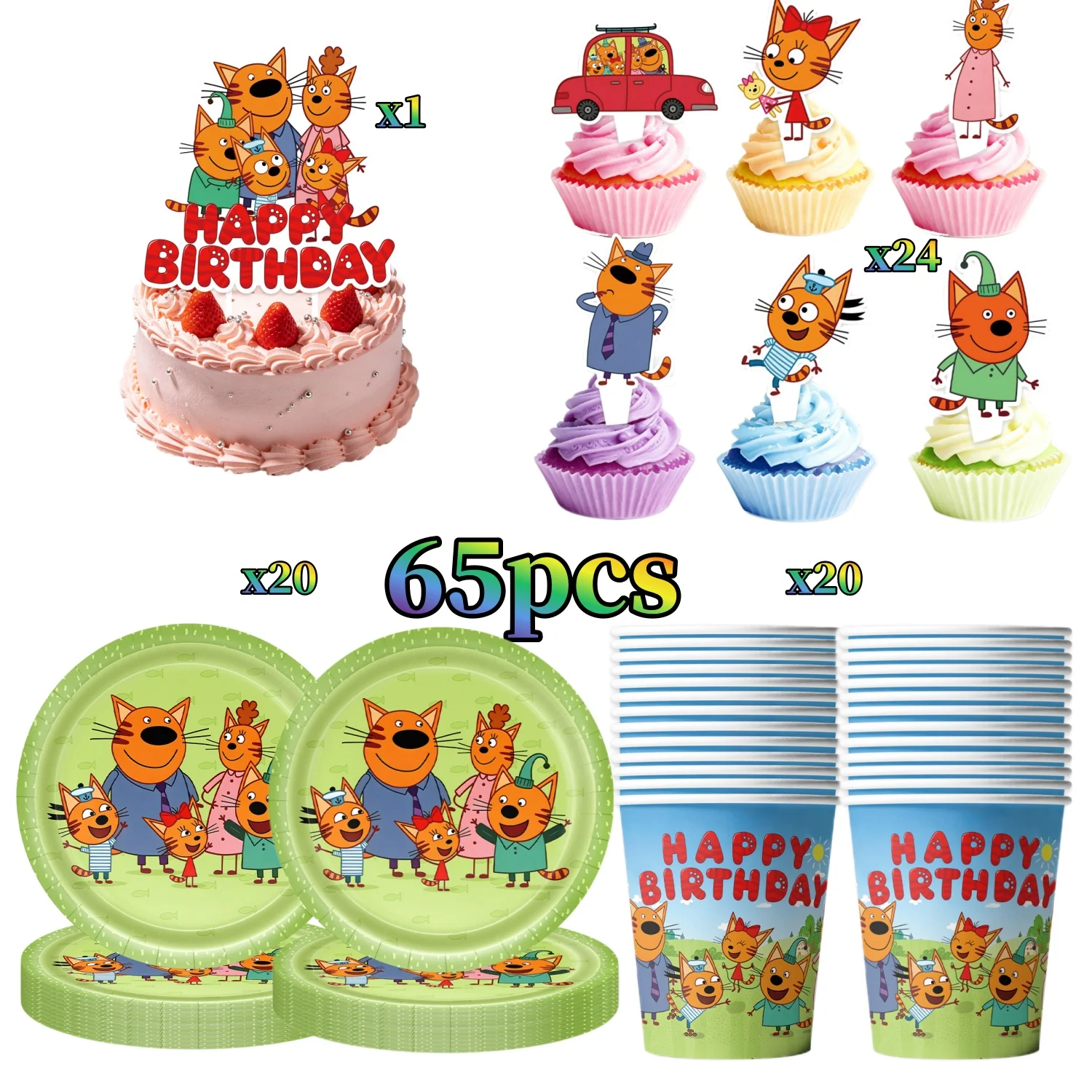Dekoration für die Geburtstagsfeier mit dem Thema „Drei kleine Kätzchen“, Tischdecke, Teller, Becher, Servietten, Kuchendekoration, Partygeschenke mit drei Katzenmotiven