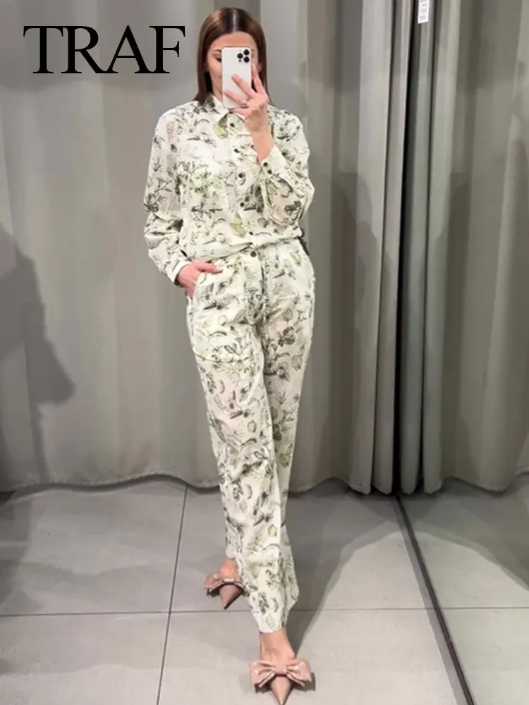 TRAF Elegant Women 2 Piece Set Chic Print High Waist Drawstring Loose Trousers+Lapel Single-Breasted Pocket Decorate Shirt Top