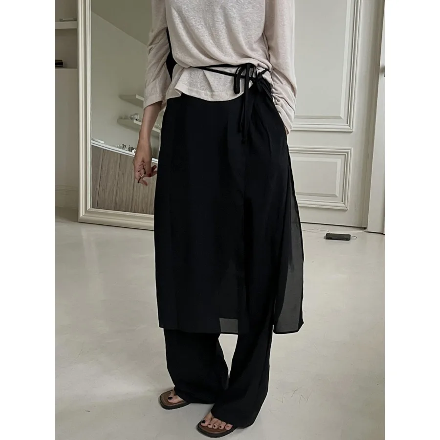 

Retro Korean Style One-Piece Buttoned Belted Layered Skirt Apron Design Unique Sensation Half-length Skirts for Women