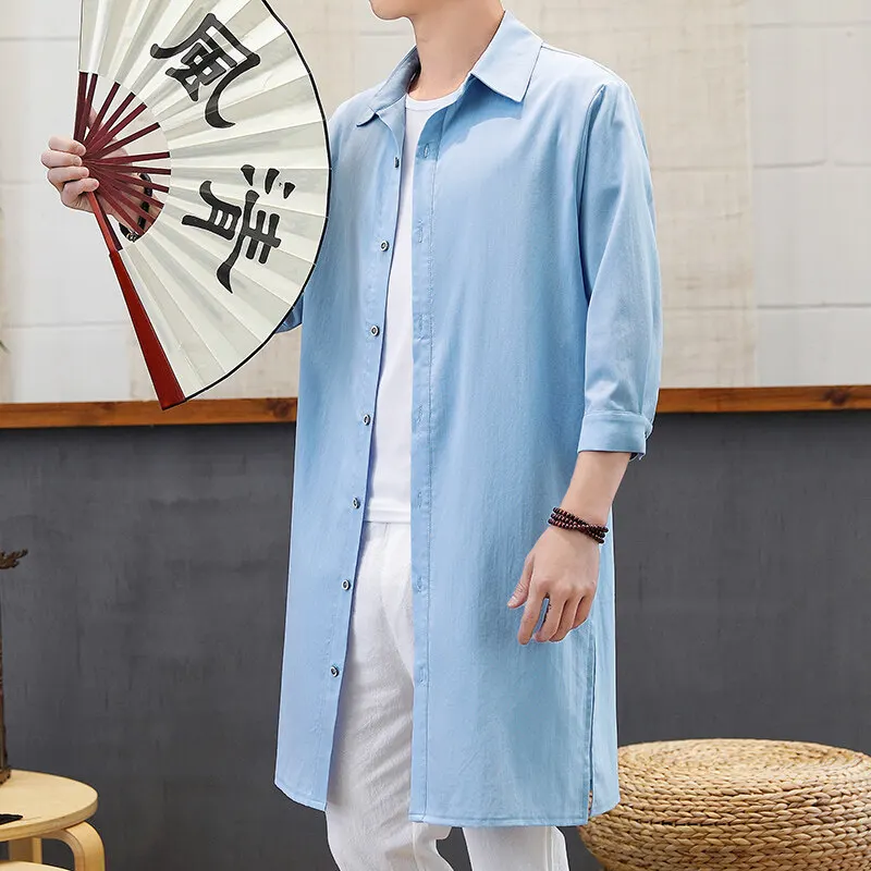 

Summer Men's Light Long Shirt Windbreaker Pure Color Sun Protection Outerwear Medium Length Lightweight Cloak Casual Loose Fit