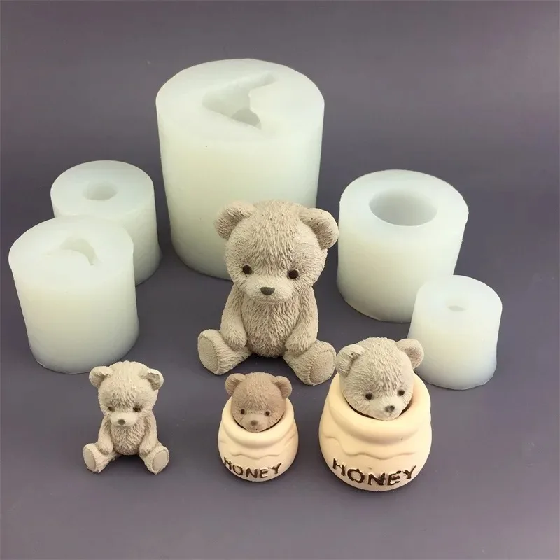 Cute Bear Honey Jar Silicone Candle Mold Chocolate Cake Ice Cube Mold Aromatherapy Plaster Drop Glue Mold Candle Making Supplies