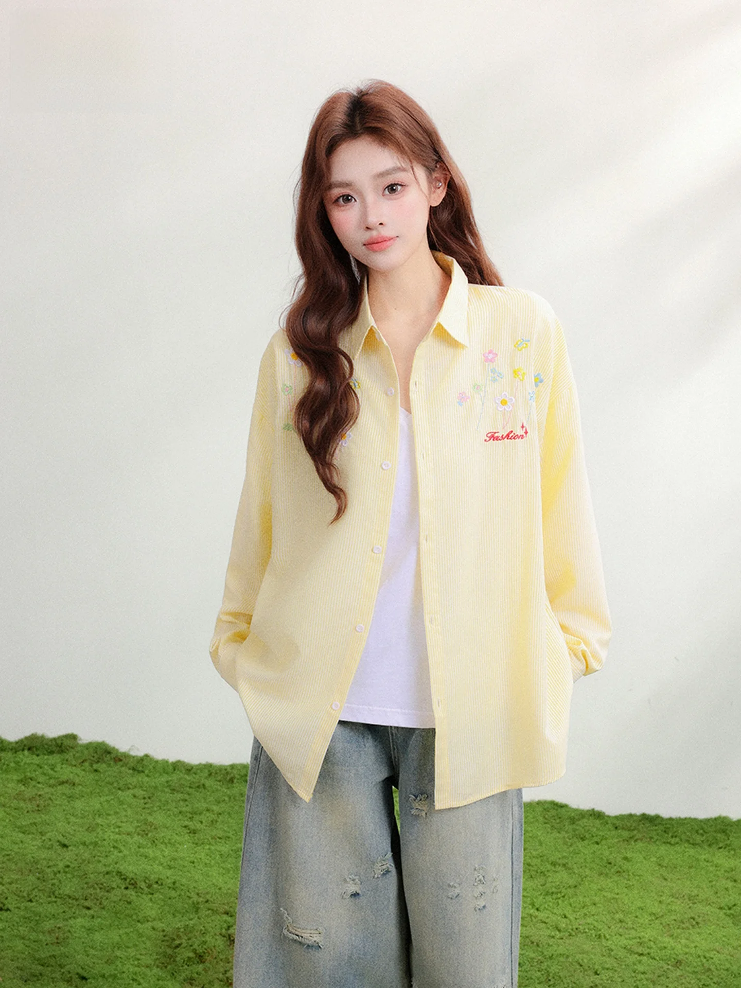 

Dopamine Yellow Long Sleeve Shirt Women's Casual Style Embroidered Striped Open Cardigan Anti-Aging Loose Fit Button up Top