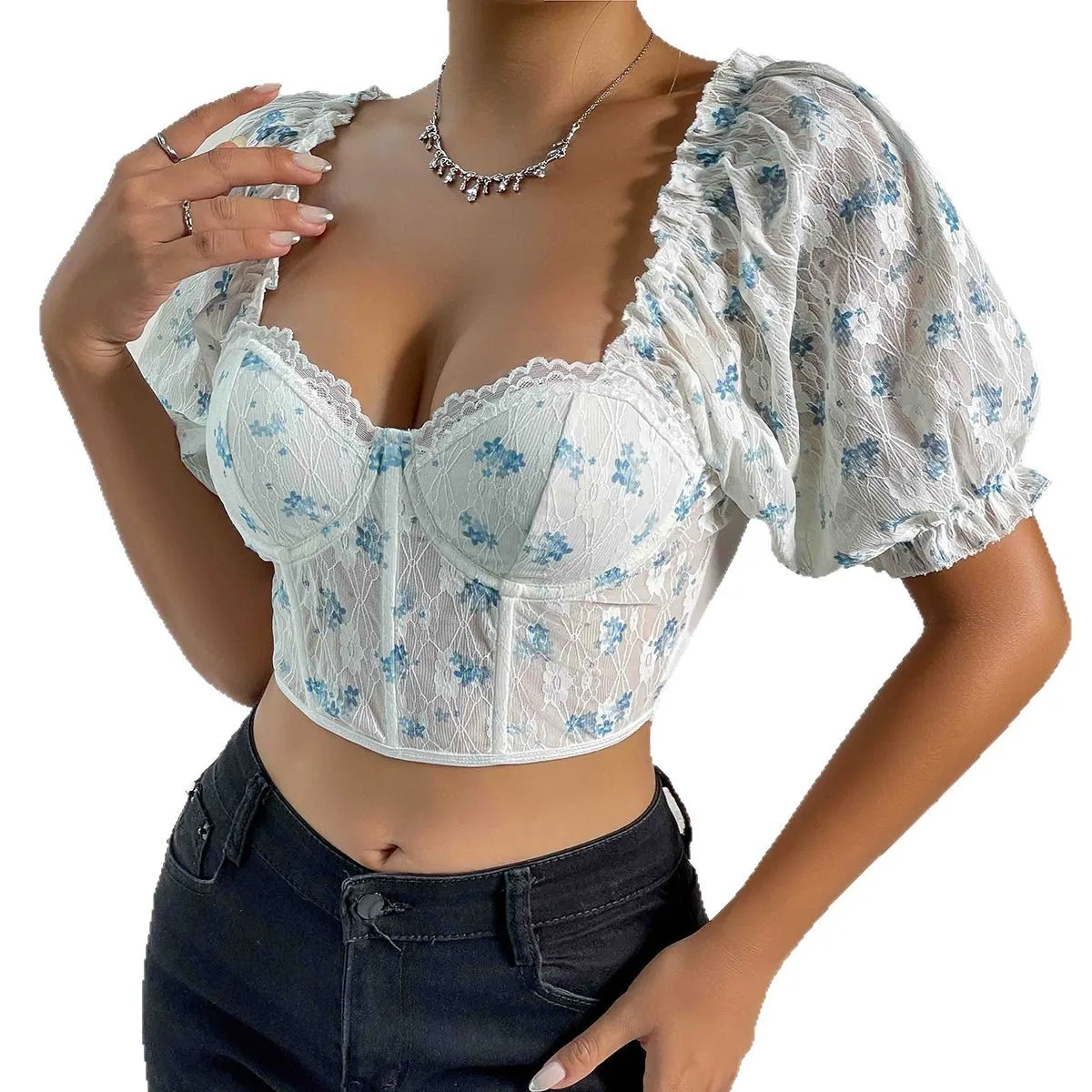 เซ็กซี่ Sheer Lace Bustier ดอกไม้สีขาวพิมพ์ Crop Tops ผู้หญิง Ruffle Trim Underwire Corset Top Boning Push Up Bralette Clubwear
