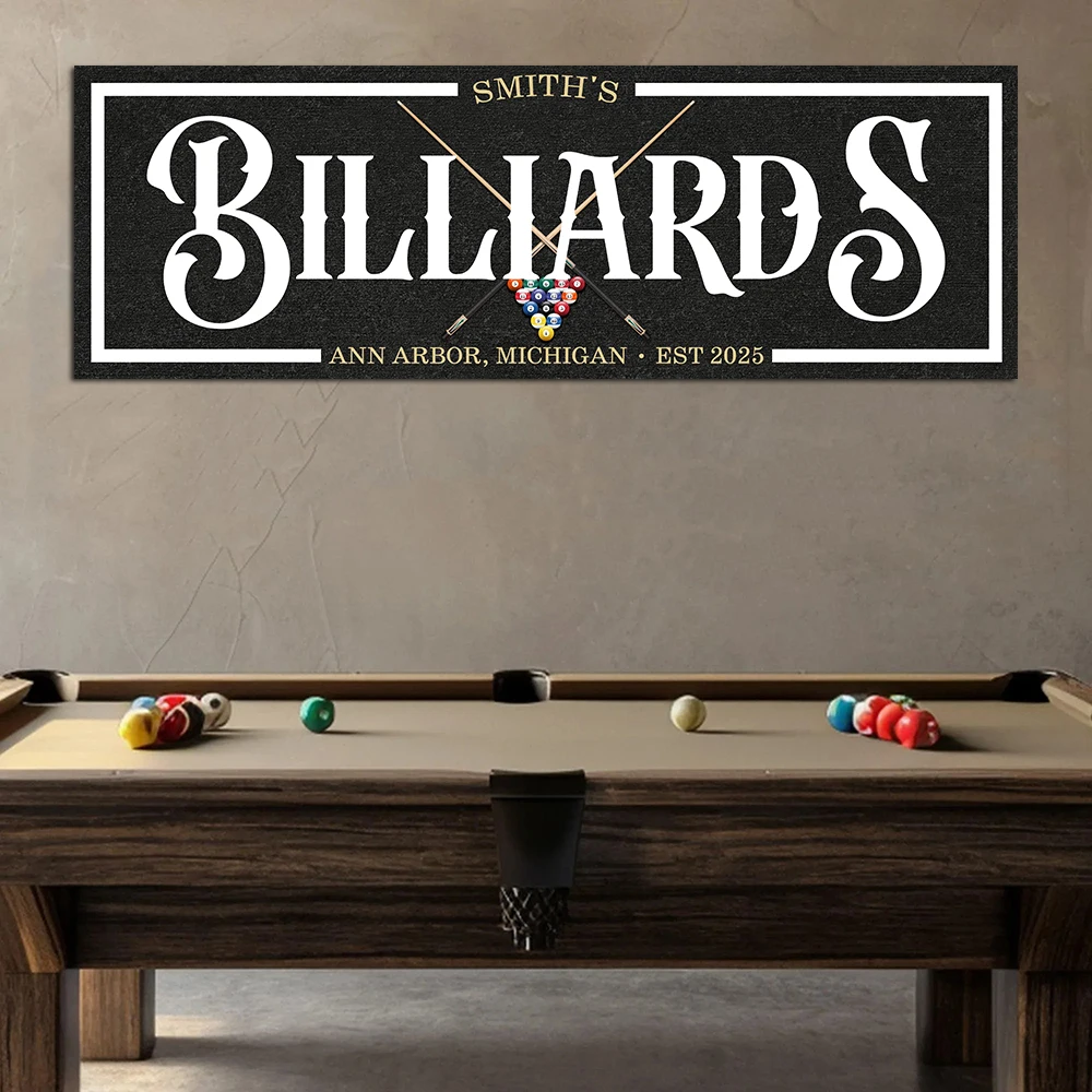 

Personalized Billiards Sign Canvas Print, Modern Vintage Wall Art Poster, Custom Your Name Text Picture, Bar Club Room Decor