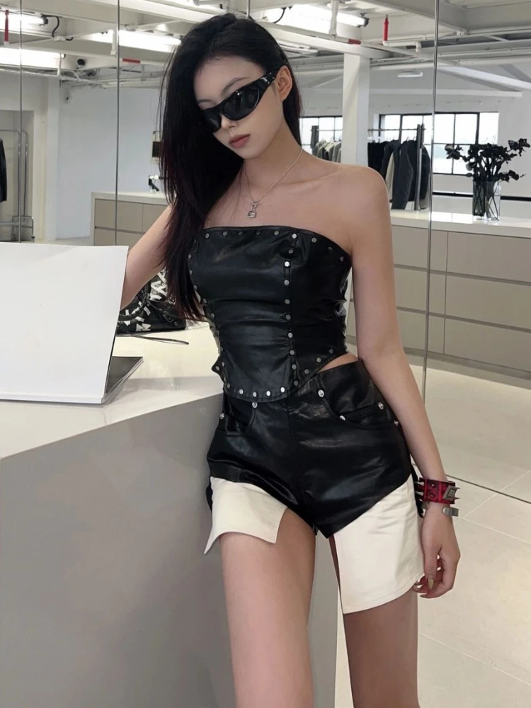 Y2k American Gyaru Matching Sets Tube Top Contrast Color Irregular High Waist Shorts PU Leather Female Slim Women Clothing 2024