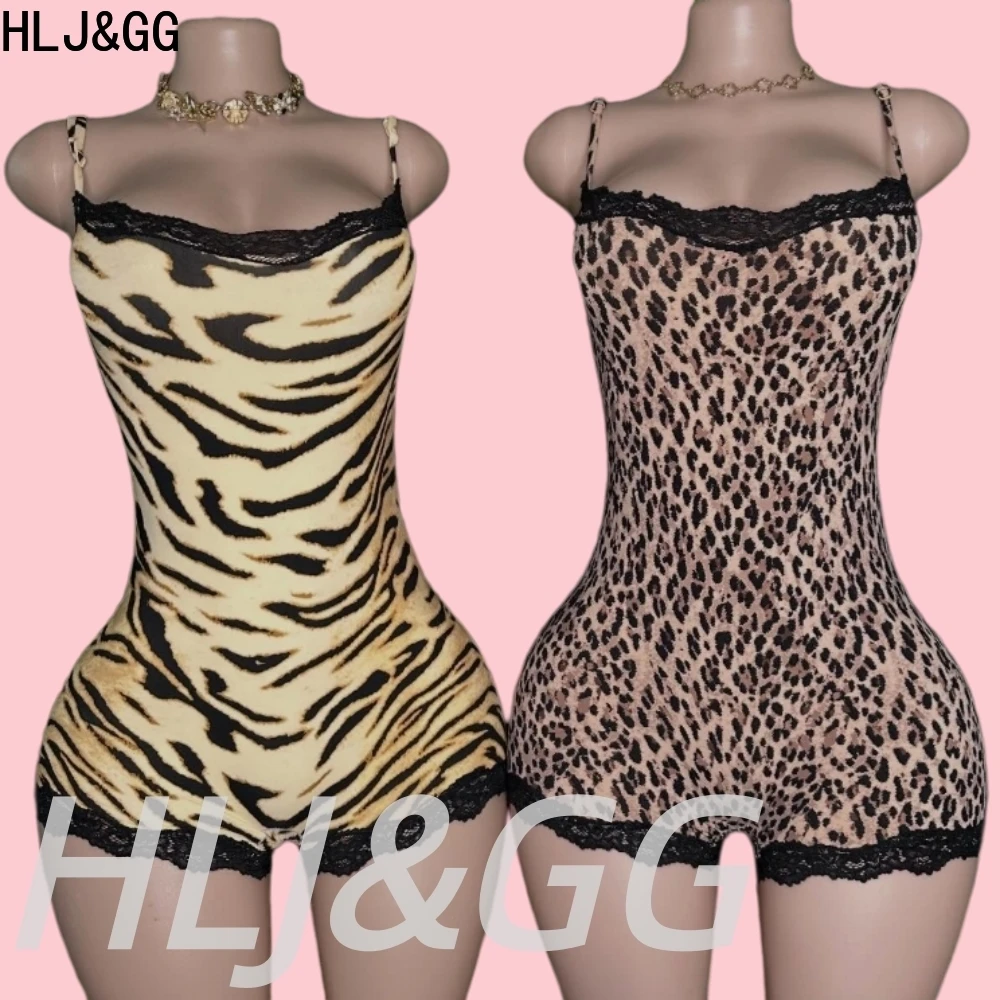 

HLJ&GG Sexy Leopard Print High Quality Lace Bodycon Rompers Women Spaghetti Strap Sleeveless One Piece Jumpsuits Fashion Overall