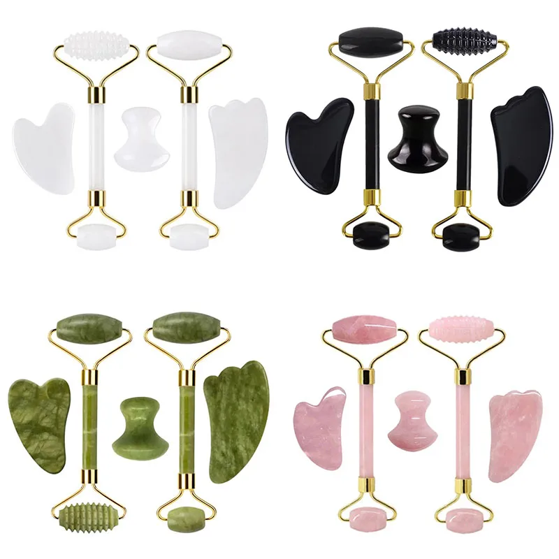 5Pcs Natural Jade Roller Gua Sha Set Massage Tool Gouache Scraper Rose Quartz Beauty Skincare Facial Lifting Anti-Aging Massager