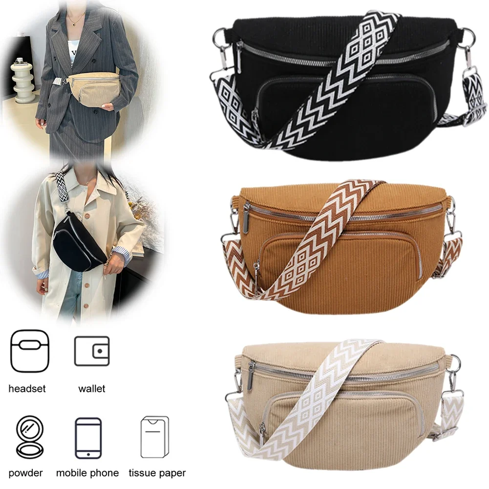 

Corduroy Chest Bag Stylish Crossbody Bag Wide Guitar Strap Casual Waist Bag Multi-pockets Hobo Sling Bag Outdoor Travel Bag